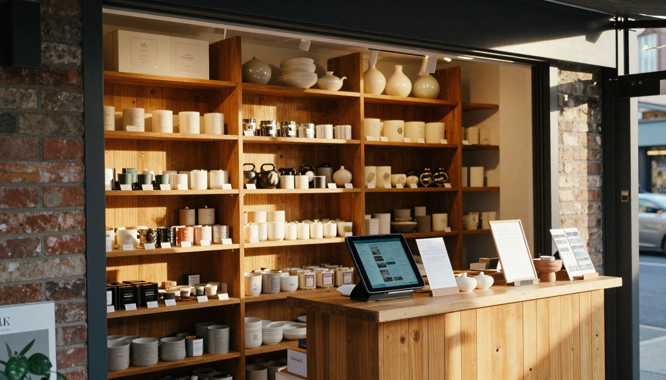 A cozy home goods store with a tablet displaying a digital catalog
