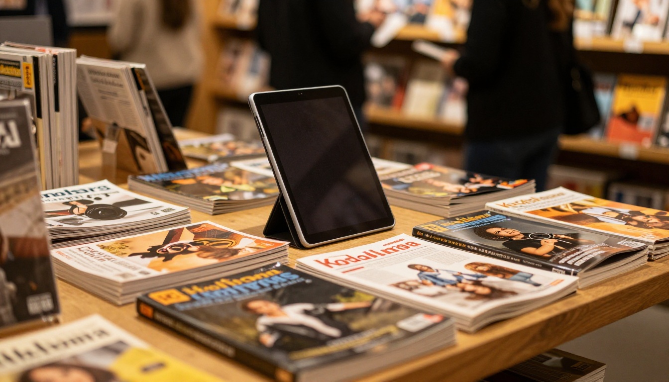 Magazines fanned out on a display table beside a tablet