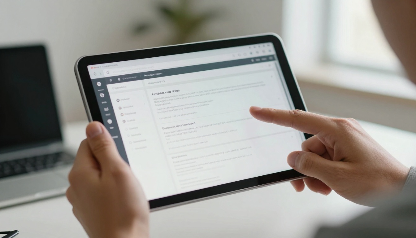 Hands holding a tablet with an interactive page-flip document