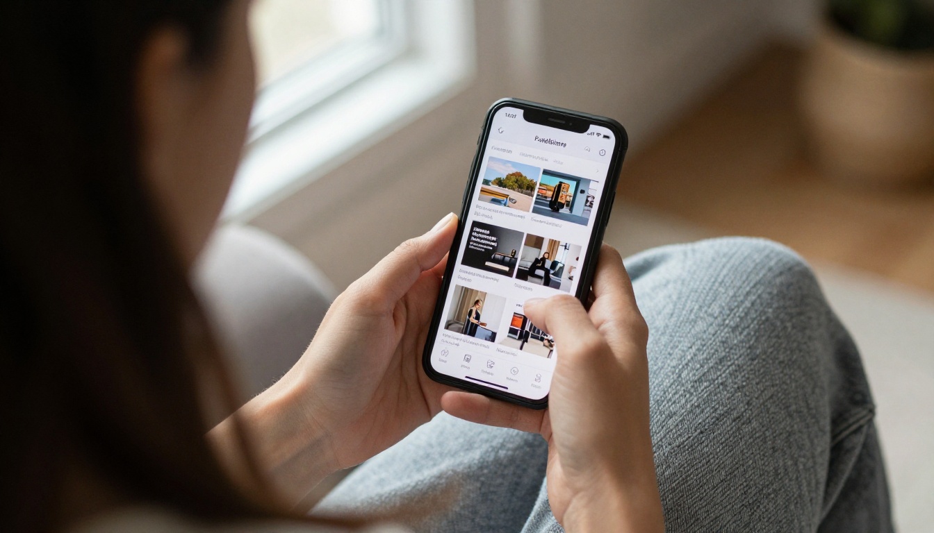 Freelance publisher reading a digital magazine on a smartphone by a window