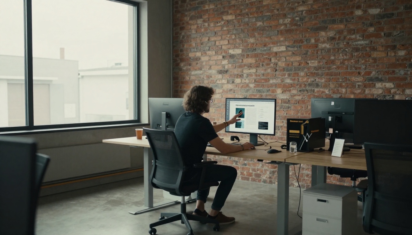 Designer adjusting a branded proposal layout on a large monitor