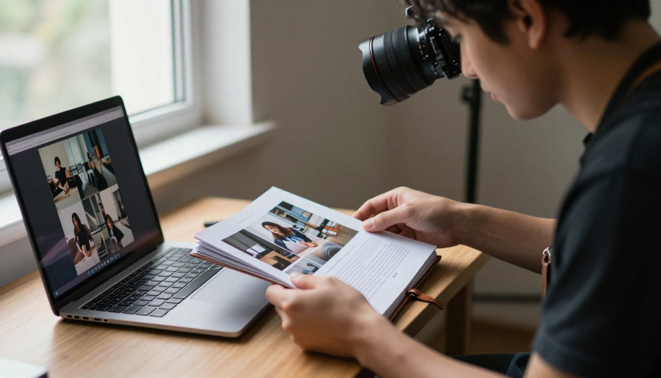 Portfolio on a laptop and printed book side by side