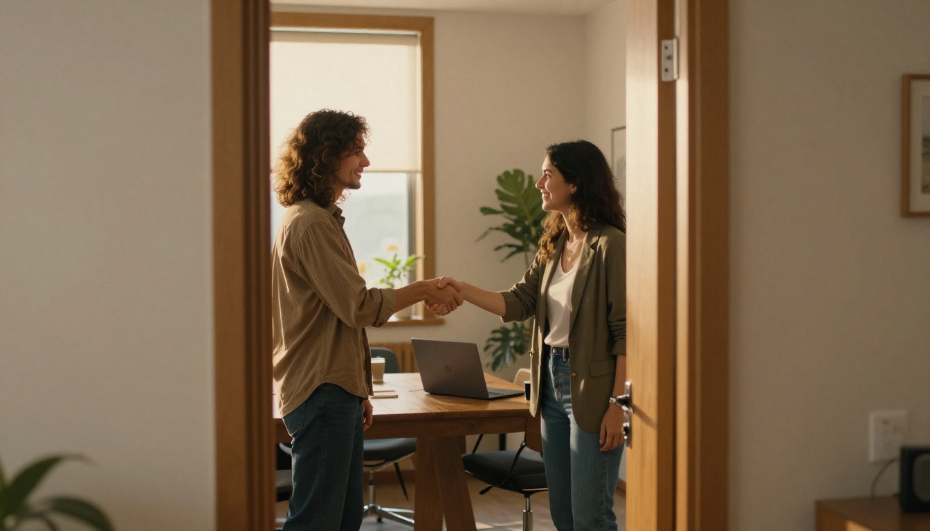 Two colleagues shaking hands after a closed deal in a meeting room