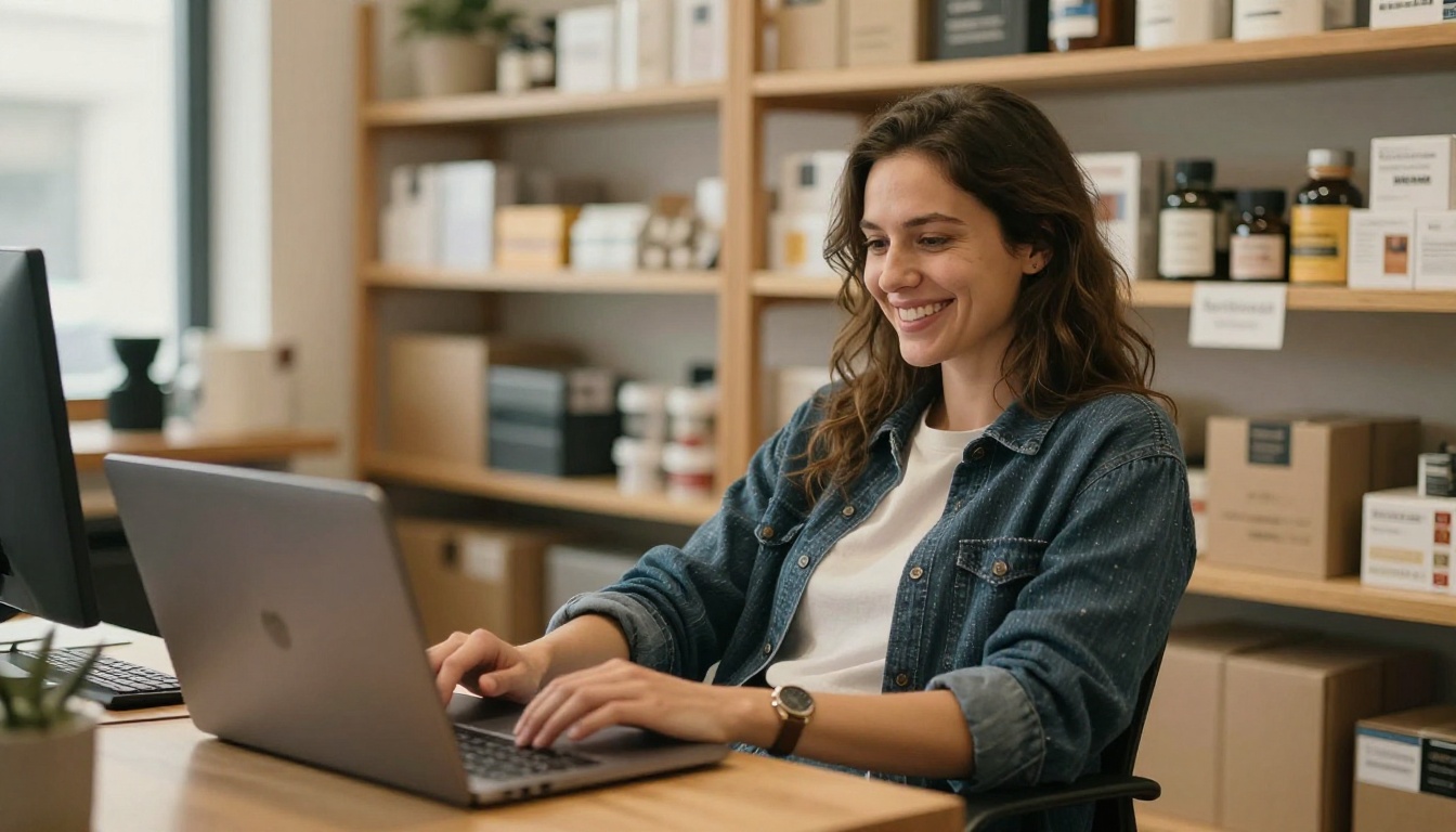 Smiling business owner leaning back from her laptop