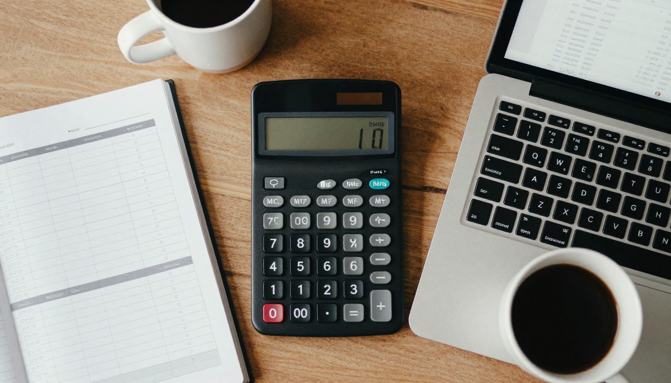 A desk with a calculator, budget notes and a laptop showing a pricing page
