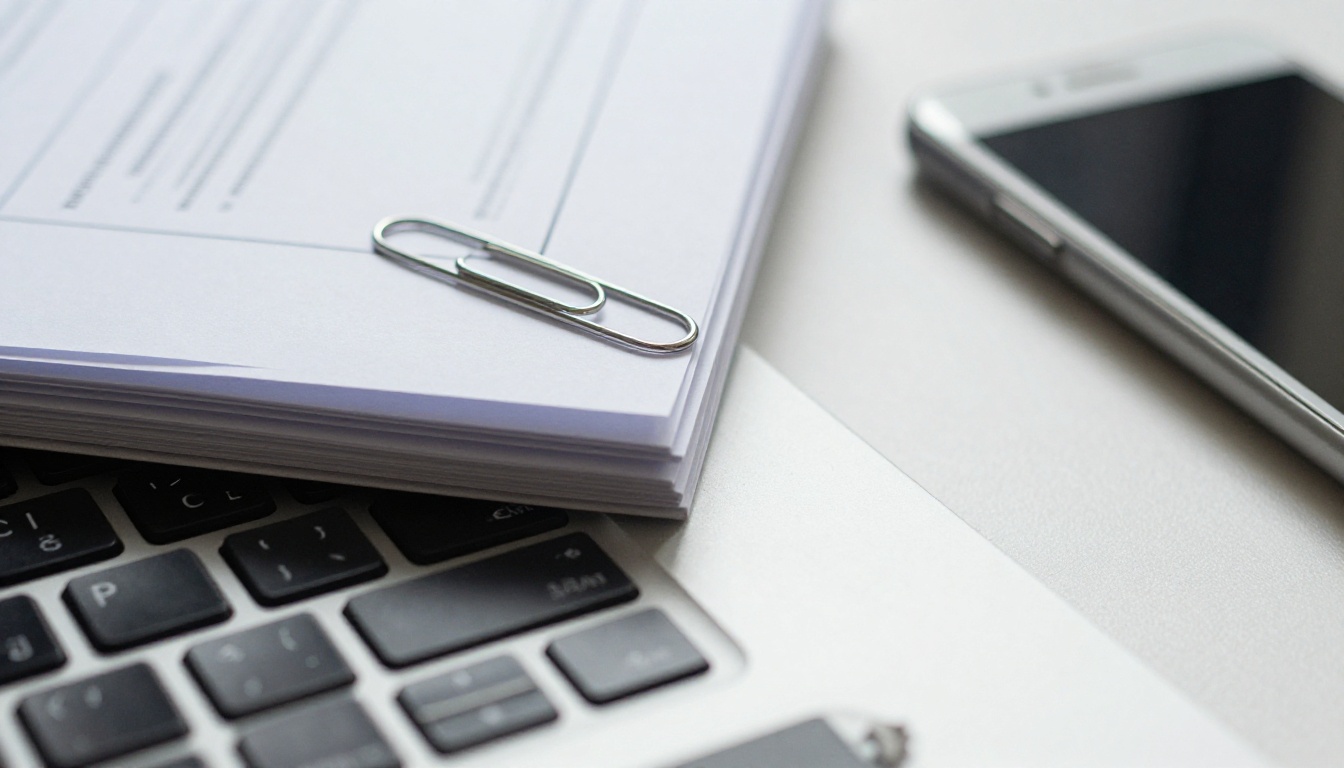 Printed proposals stacked beside a laptop and smartphone