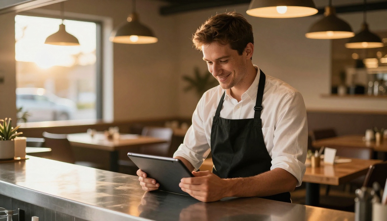 A restaurant owner showing a digital menu