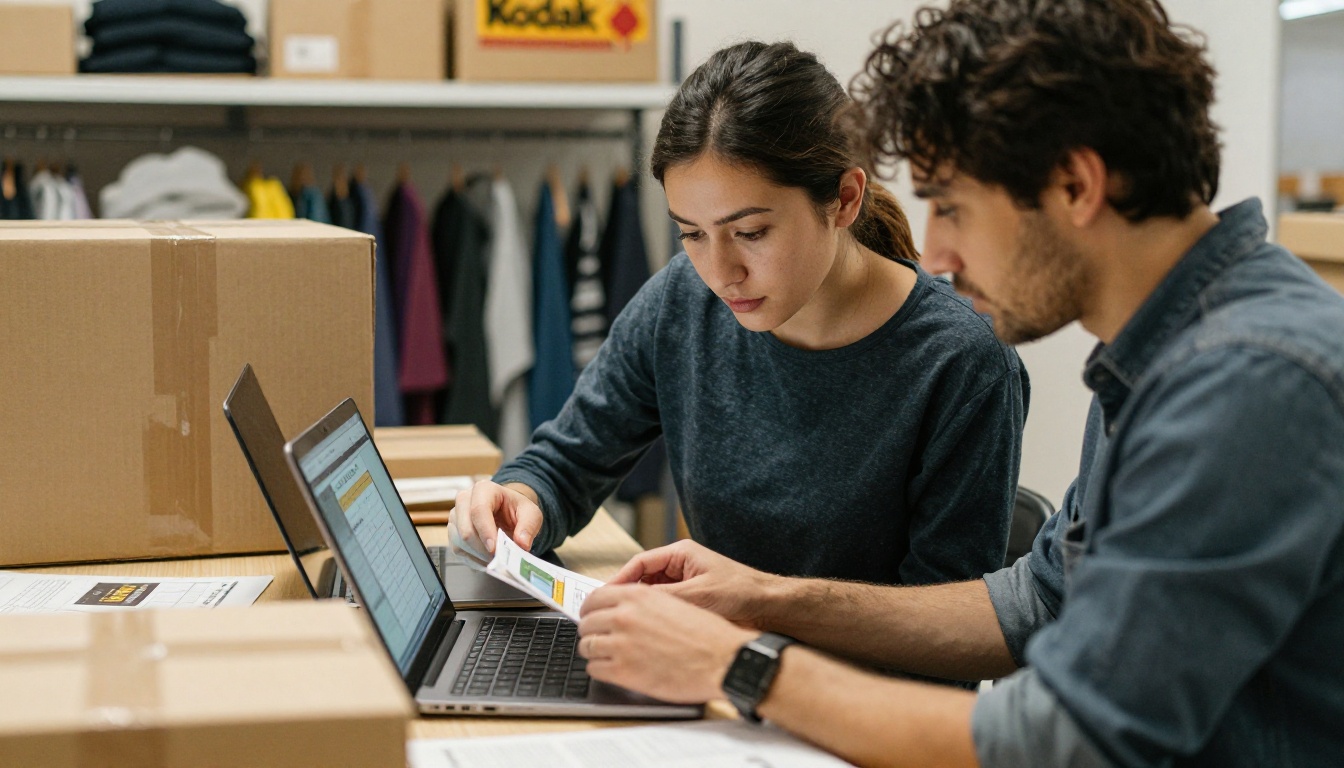Two retail colleagues in a stockroom reviewing a PDF catalog on a laptop