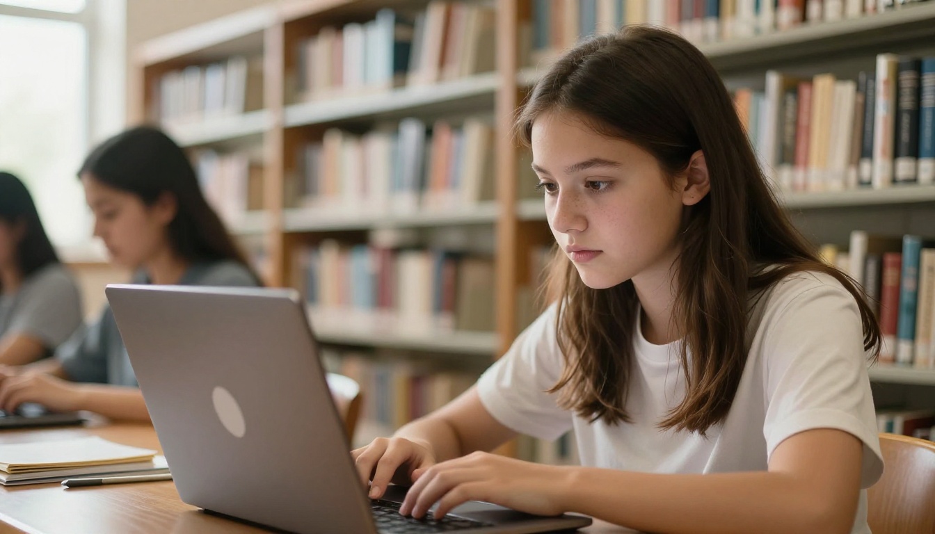 Student editing photographs for the magazine in the library