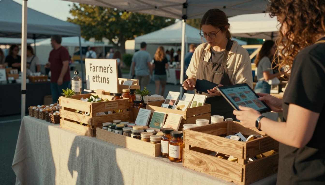 A farmers market style pop up shop stall with a shopper browsing a tablet catalog