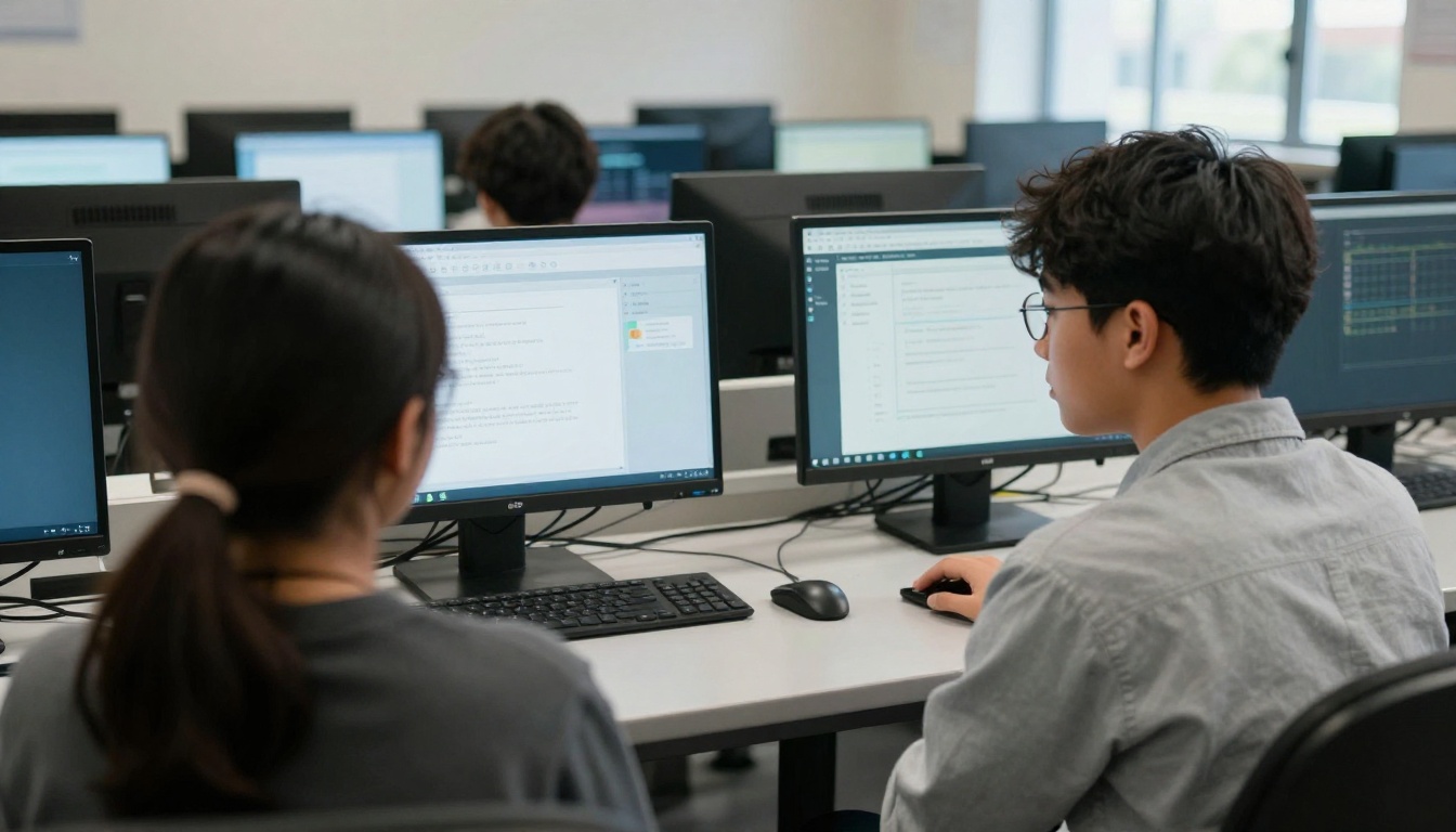 Student comparing two tools on a computer lab monitor