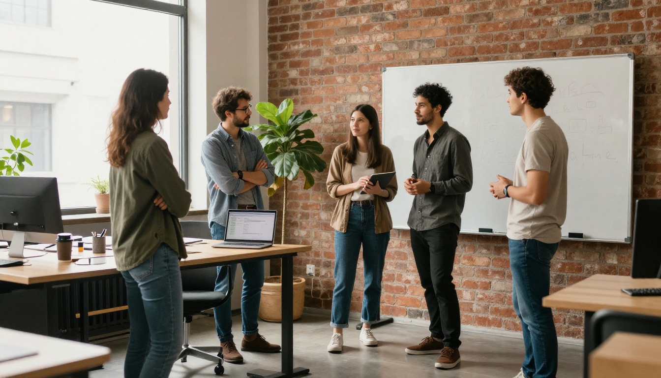 A marketing team reviewing a publication together