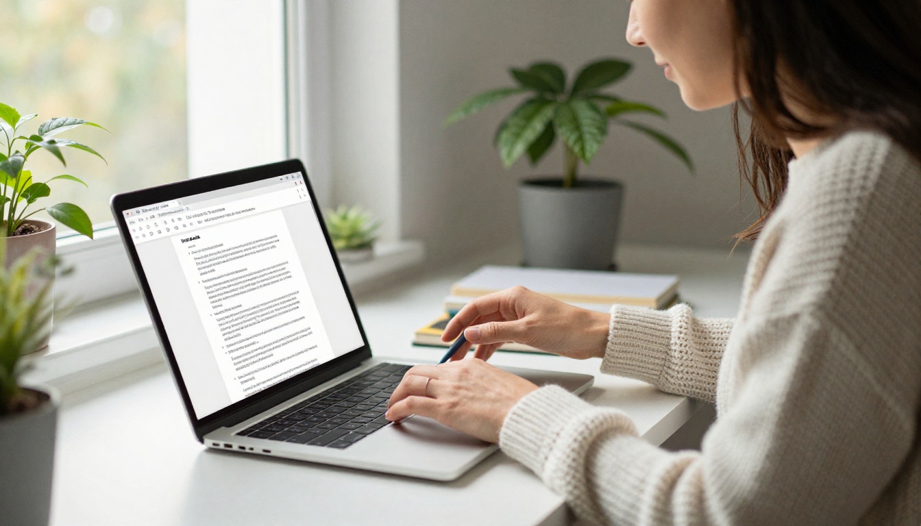 A woman uploading a PDF file on a laptop in a bright home office