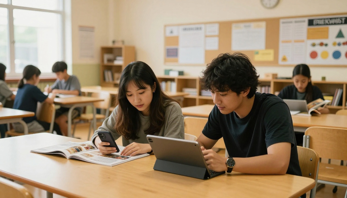 Parents reading the school magazine on phone and tablet