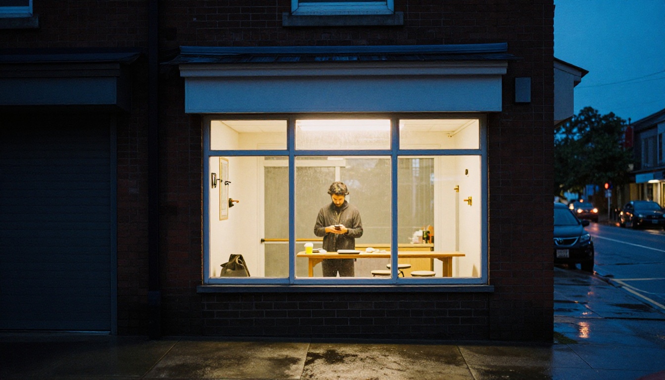 A small storefront at dusk with the owner checking a phone