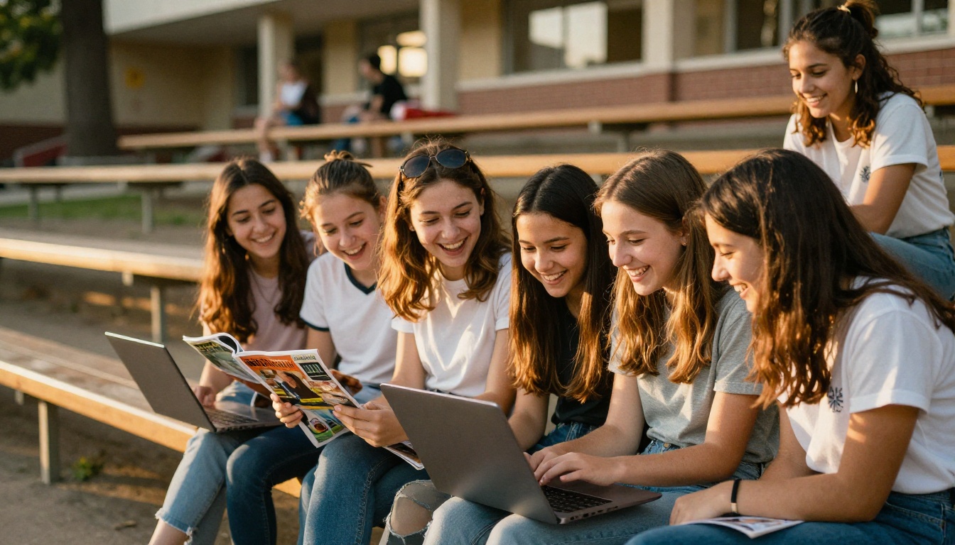 Students laughing over their finished magazine in the schoolyard