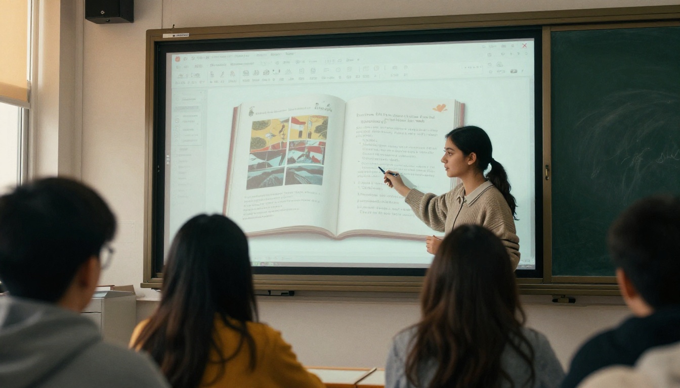 Teenager presenting a flipbook on a classroom screen