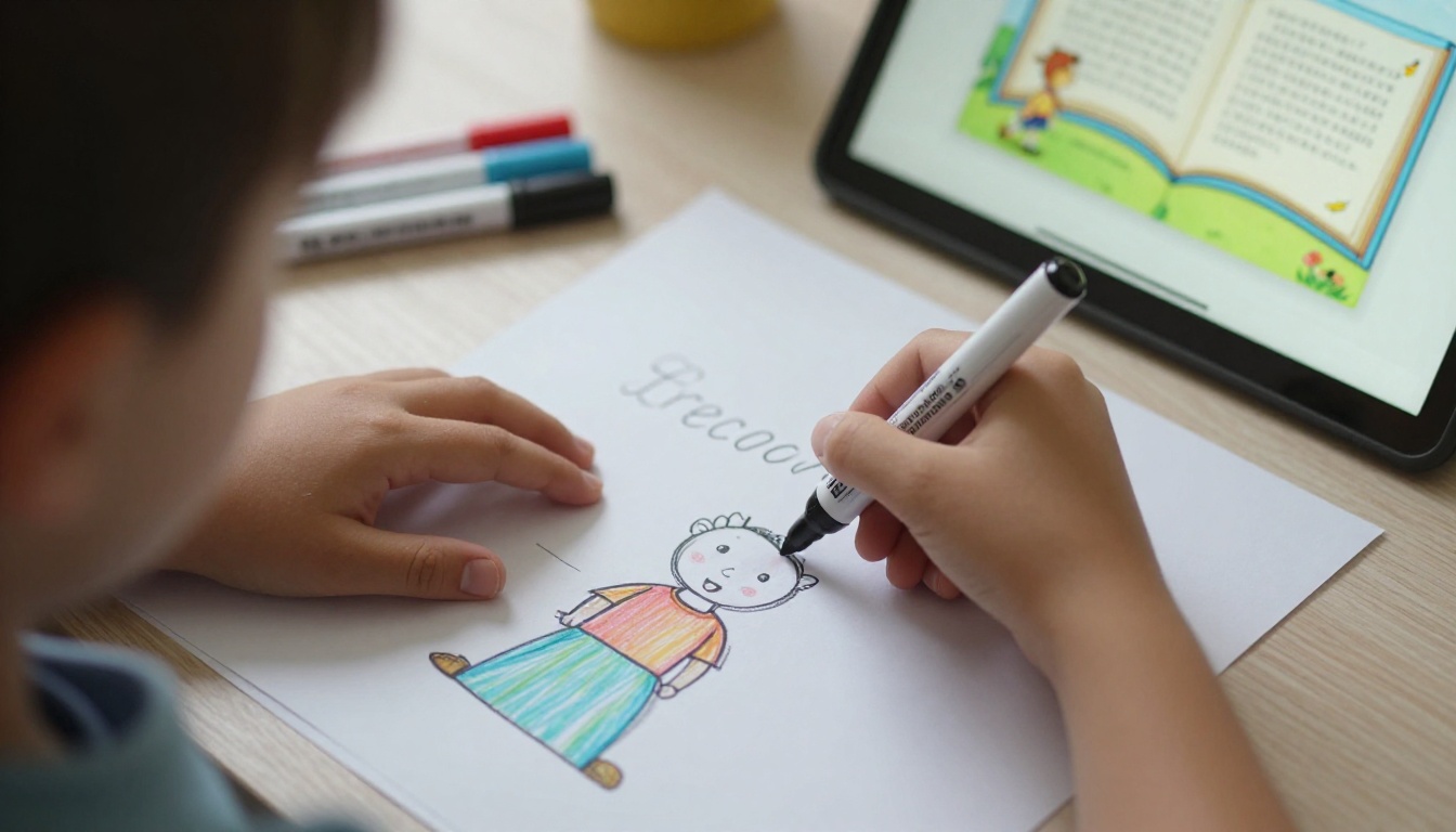 Child hands drawing beside a tablet storybook
