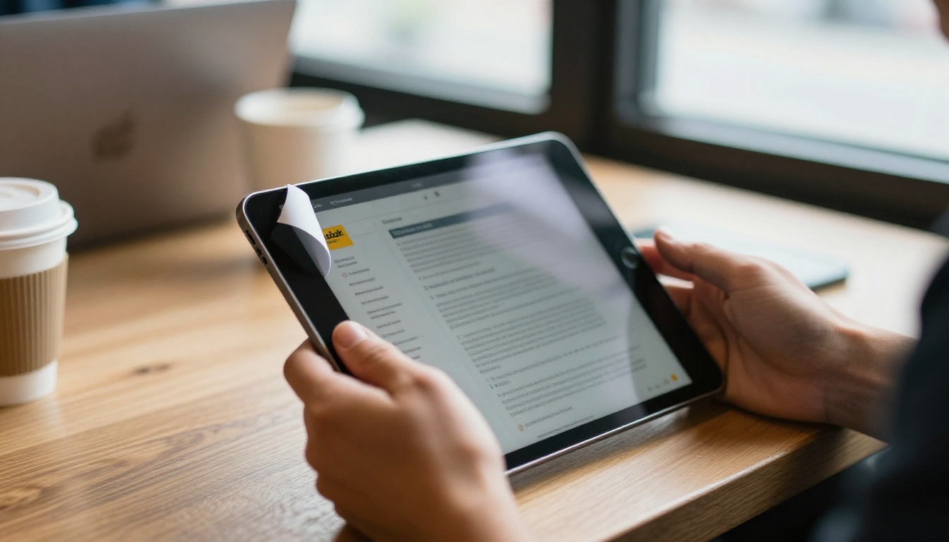 Sales rep holding a tablet with a digital brochure at a cafe table