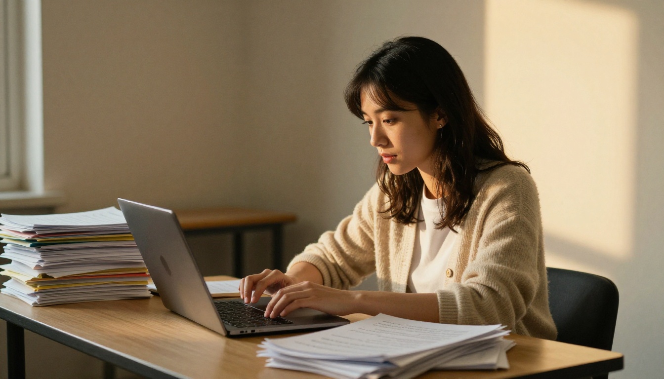 Teacher reviewing student reports on a laptop
