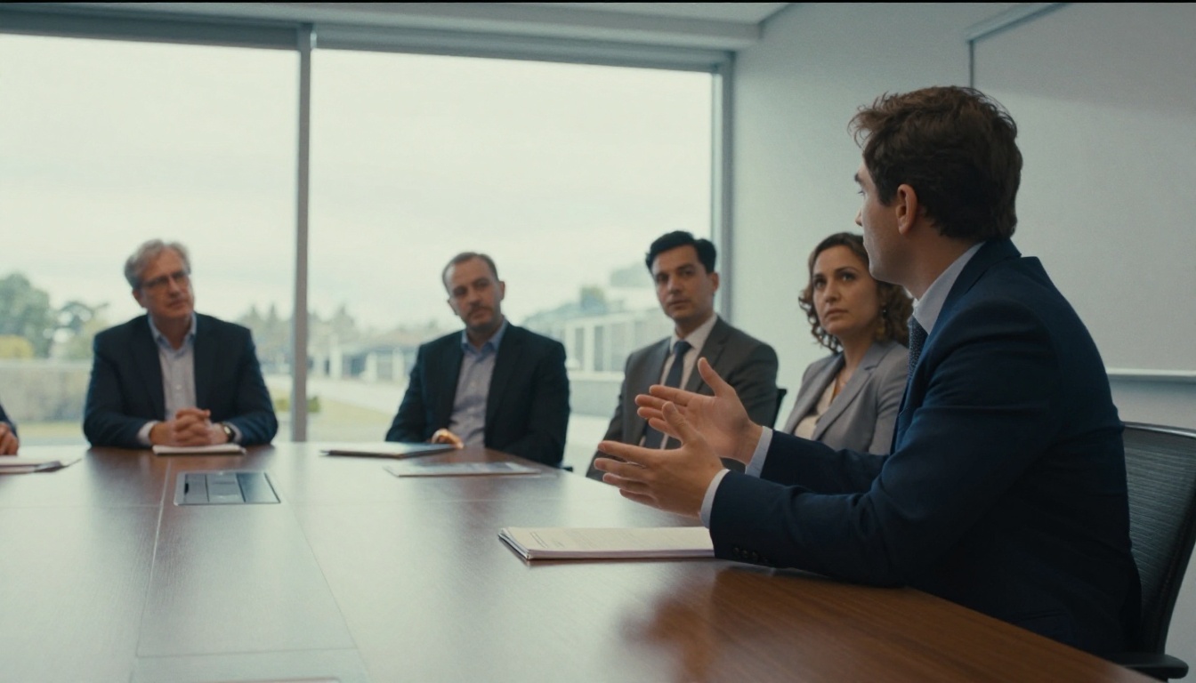 Conference room presentation with a presenter and four clients