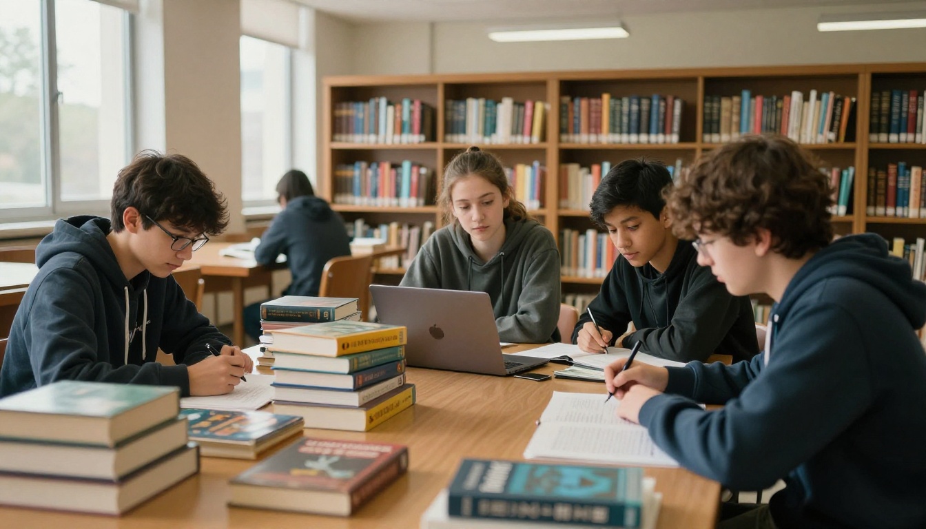 Students researching in a school library