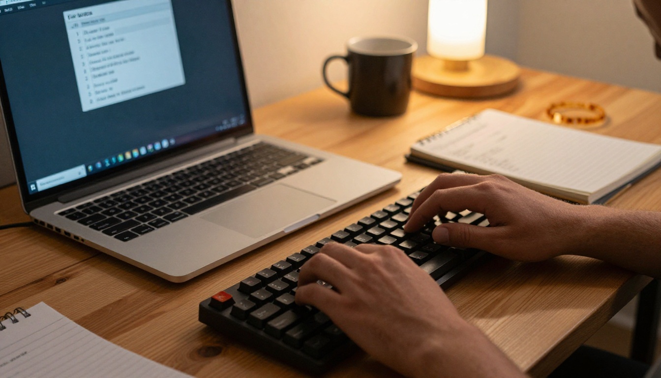 A developer working at a desk beside a handwritten setup checklist