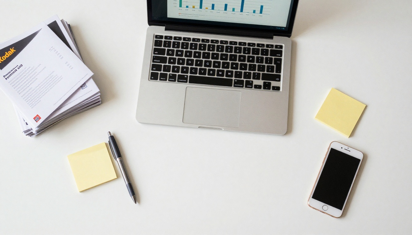 Overhead desk with laptop chart, printed brochures and notes