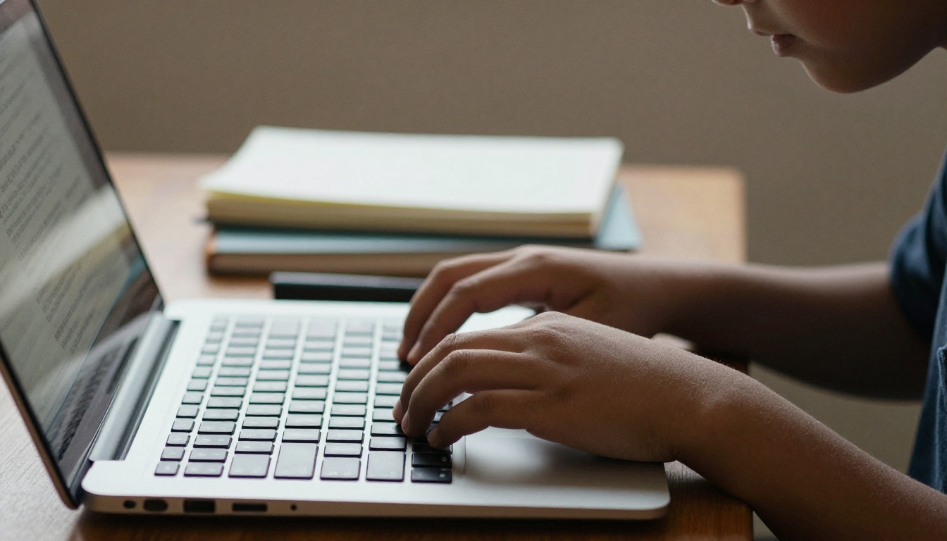 Boy typing a book report on a laptop