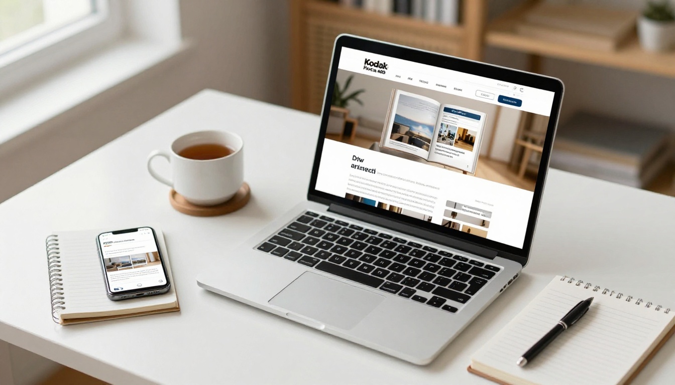 A tidy desk with a laptop and phone both showing the same page-turning flipbook
