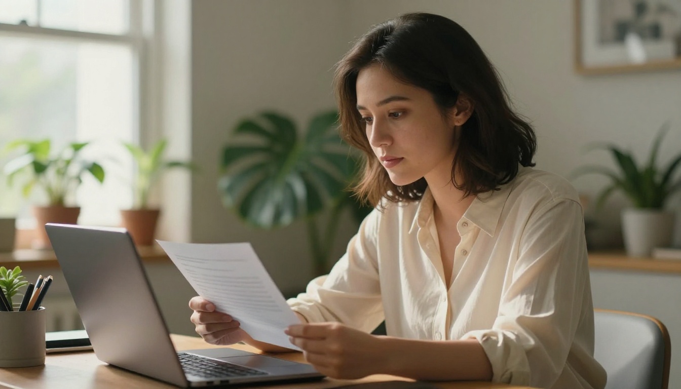 Woman sending a document from her laptop in a home office