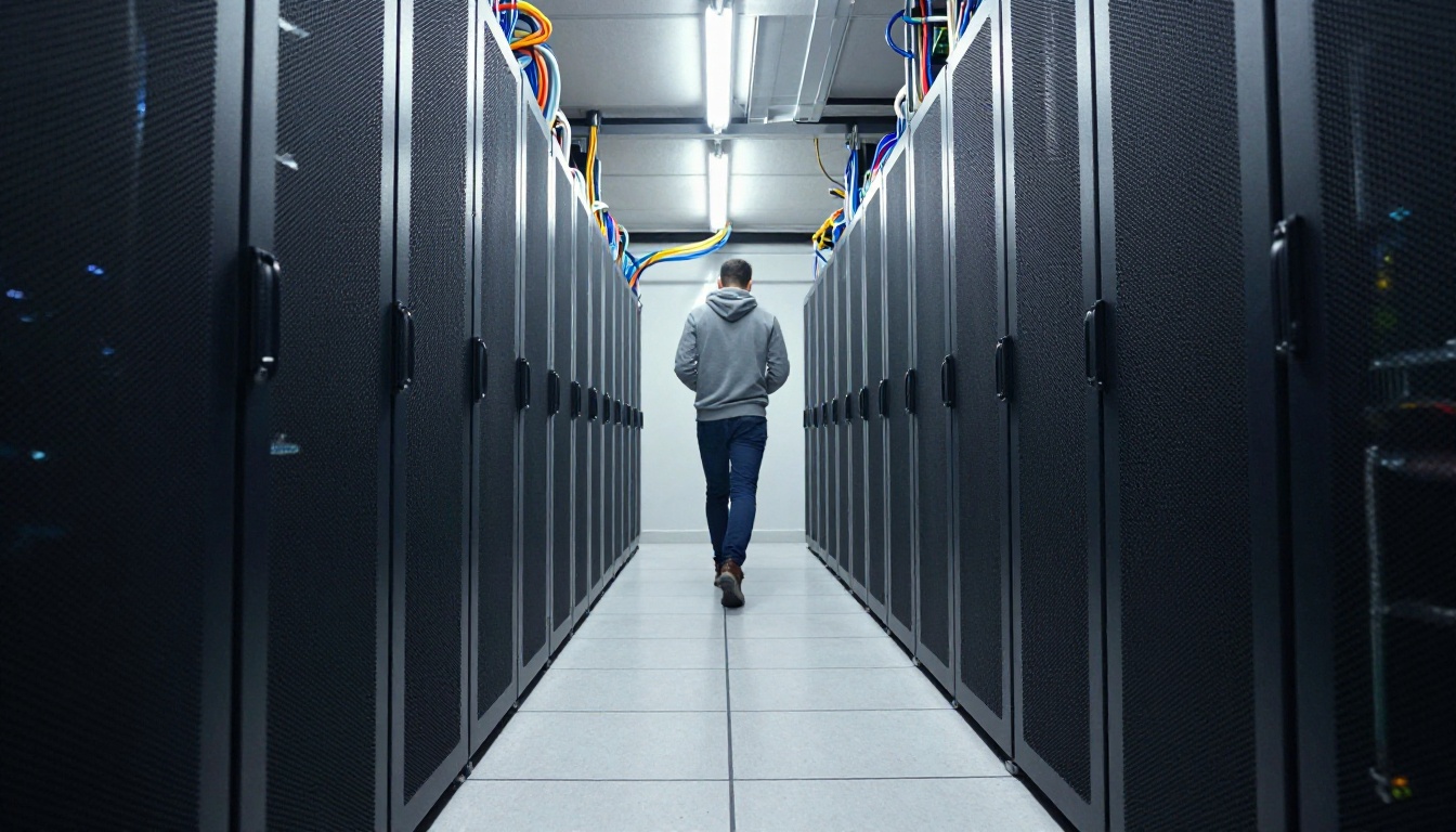 A row of server racks in a quiet data center aisle