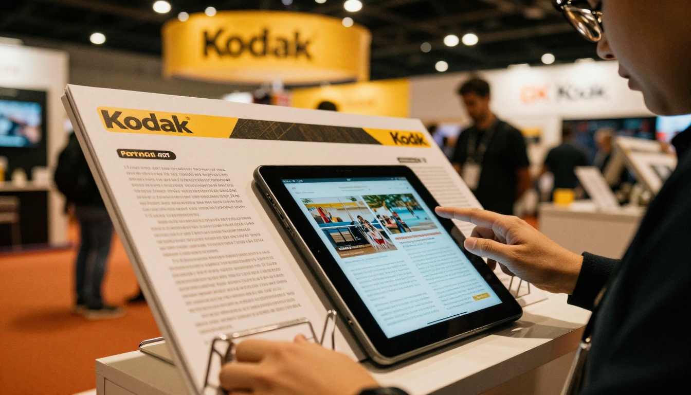 Trade show booth with a brochure rack and a visitor browsing a tablet