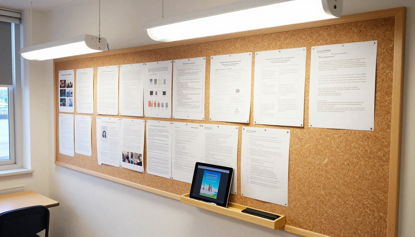 Classroom bulletin board with printed reports
