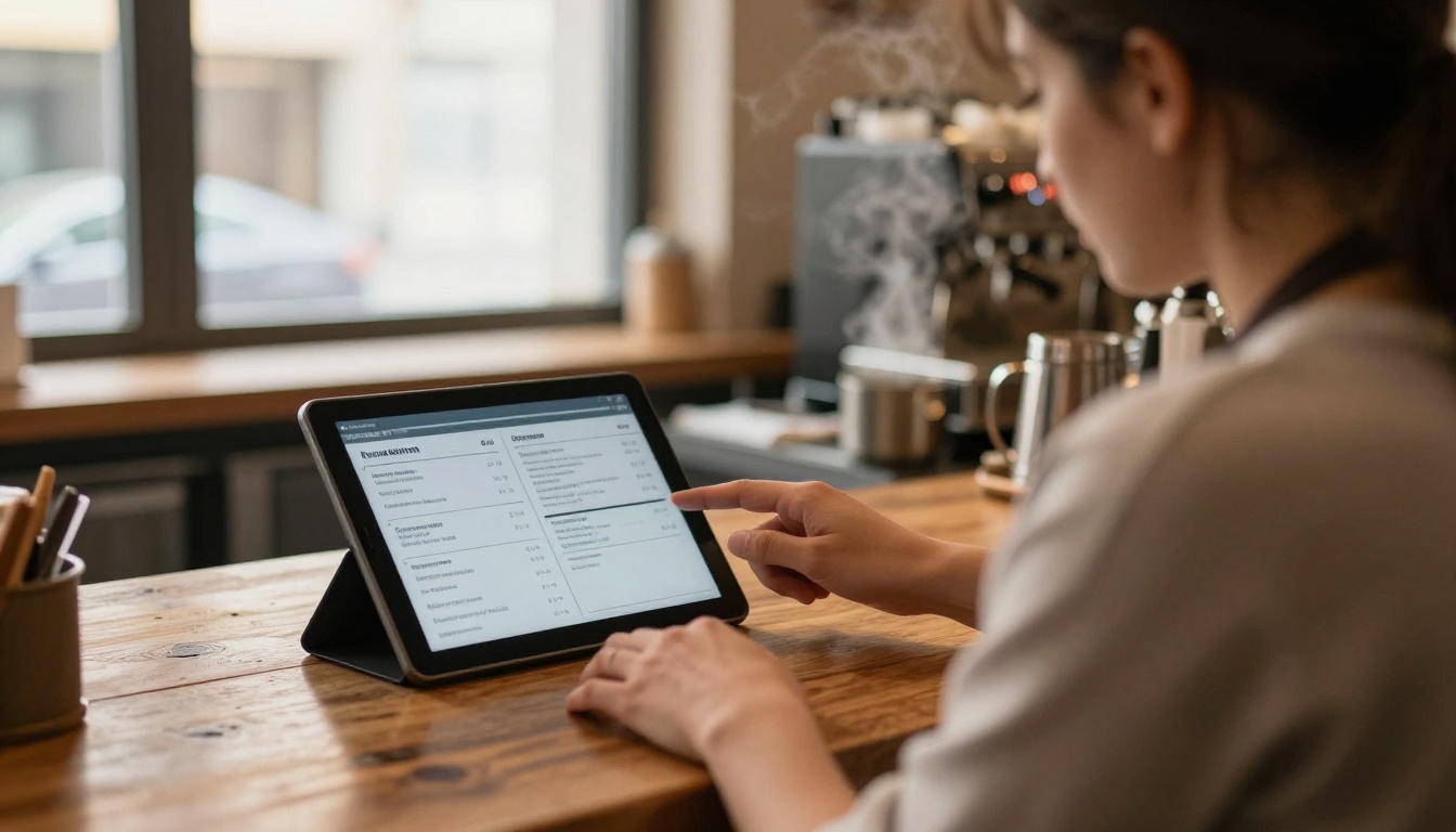 A restaurant owner checking a digital menu flipbook on a tablet
