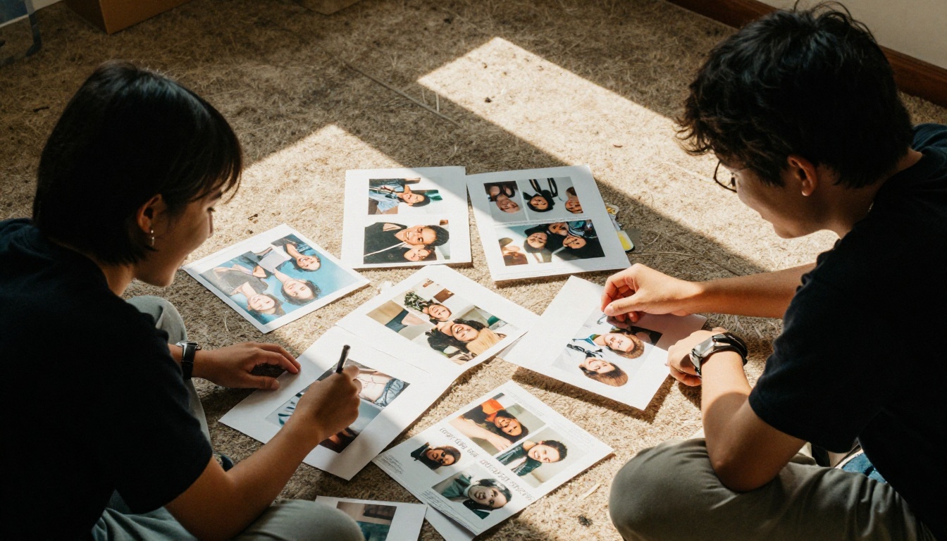 Students arranging pages for a group project