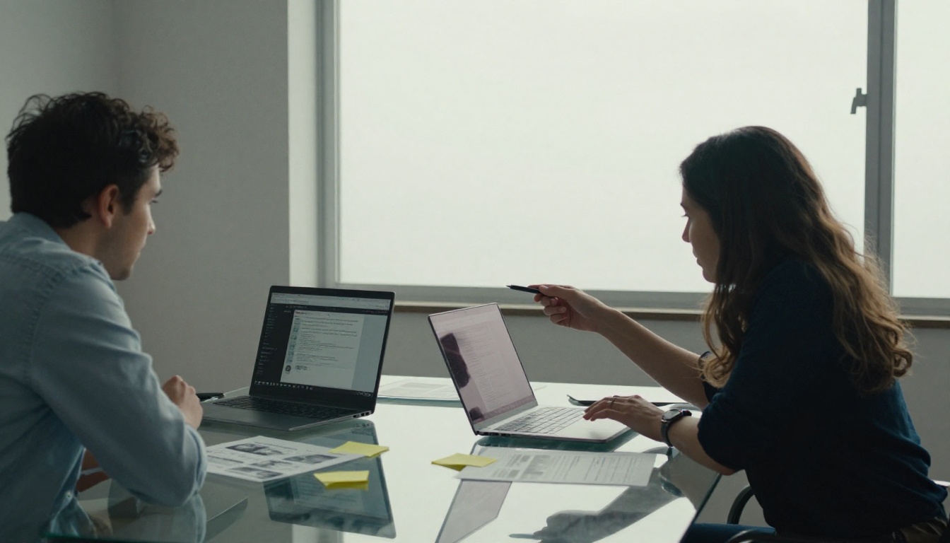 Two colleagues comparing two laptop screens at a glass meeting table