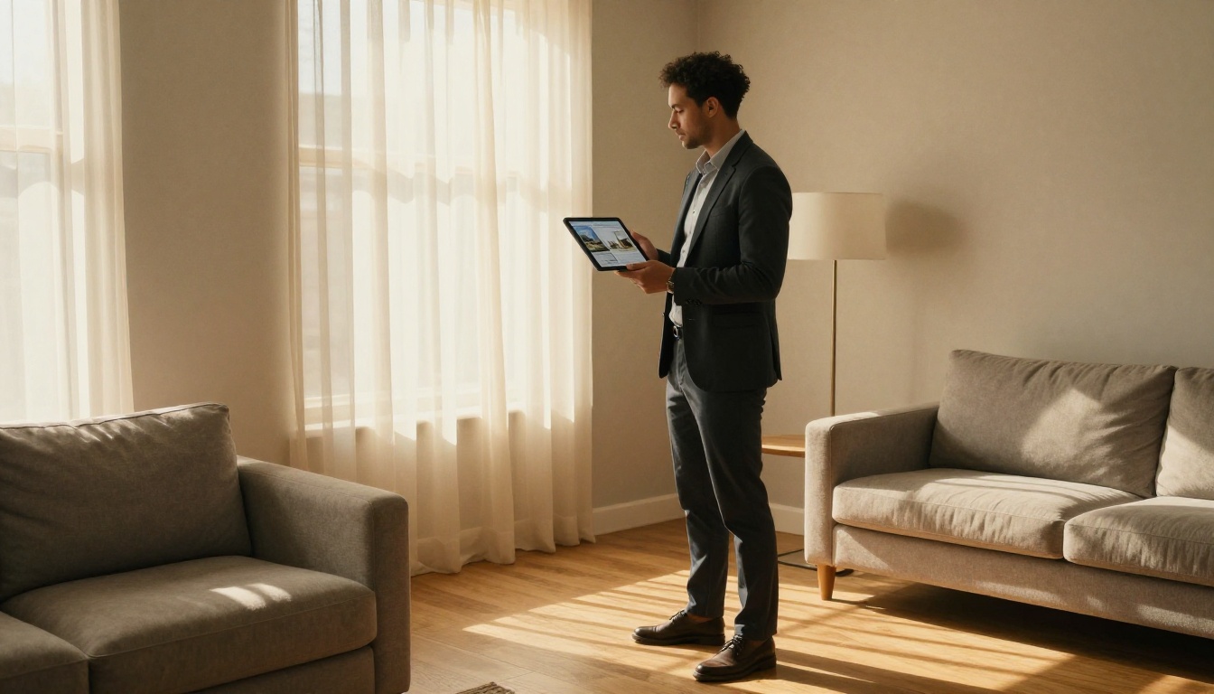 A real estate agent holding a tablet with a property brochure in a bright living room