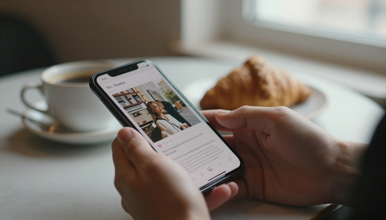 A hand holding a smartphone showing a magazine page turning in a café