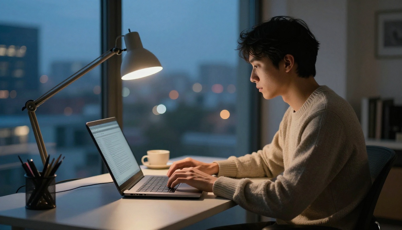 Founder finishing a sales deck on a laptop at dusk