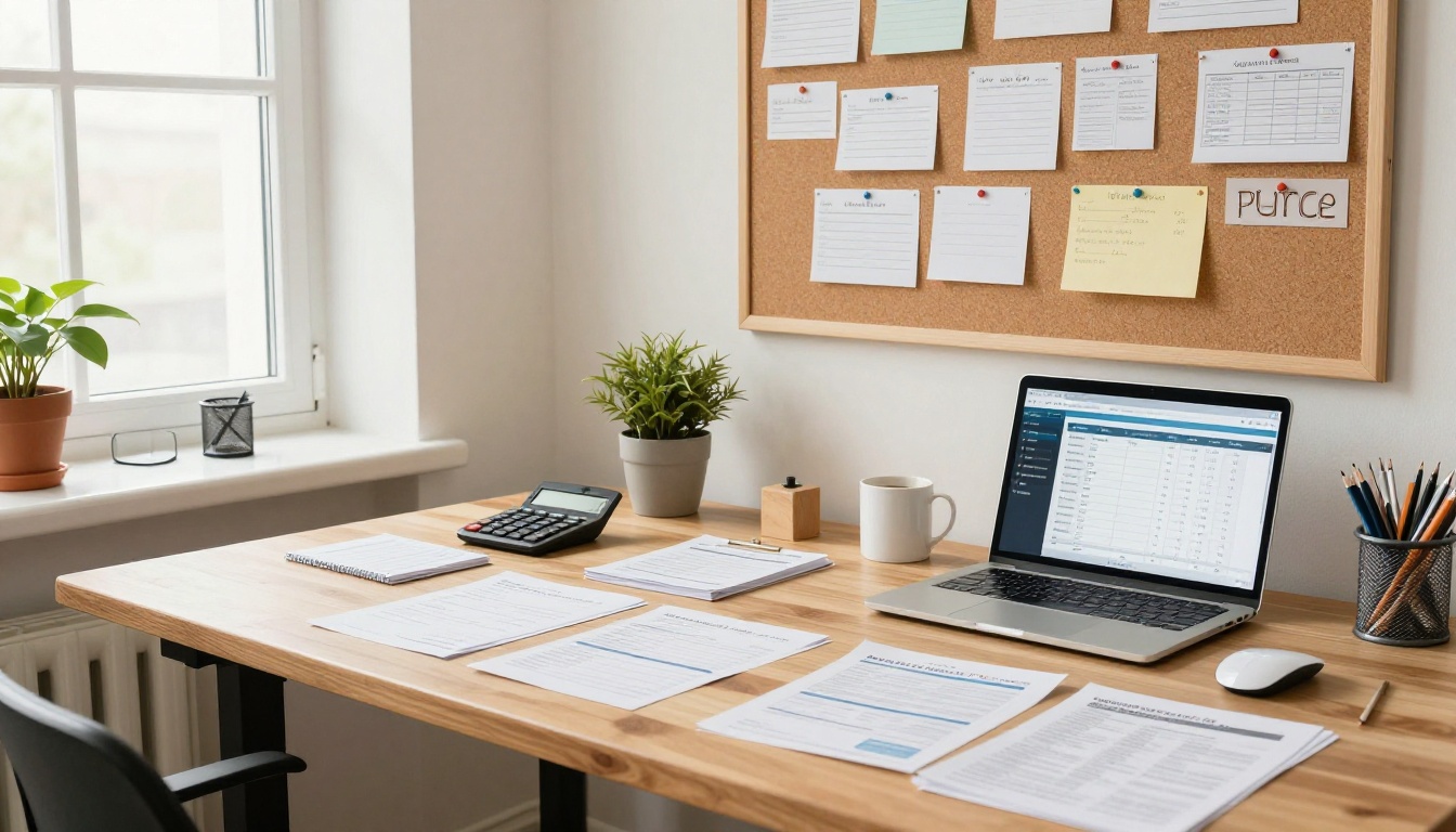 A small business owner planning a budget at a standing desk