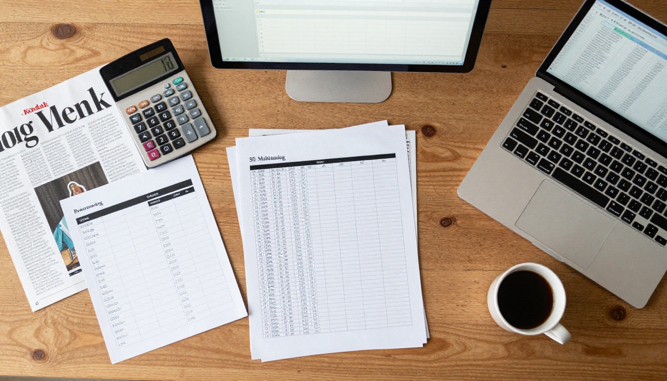Top down view of an editor's desk with pricing sheets and a laptop
