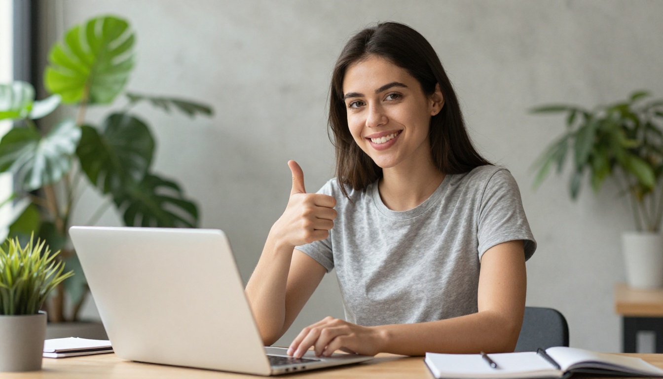 A smiling woman at a laptop in a bright co-working space after publishing an online catalog