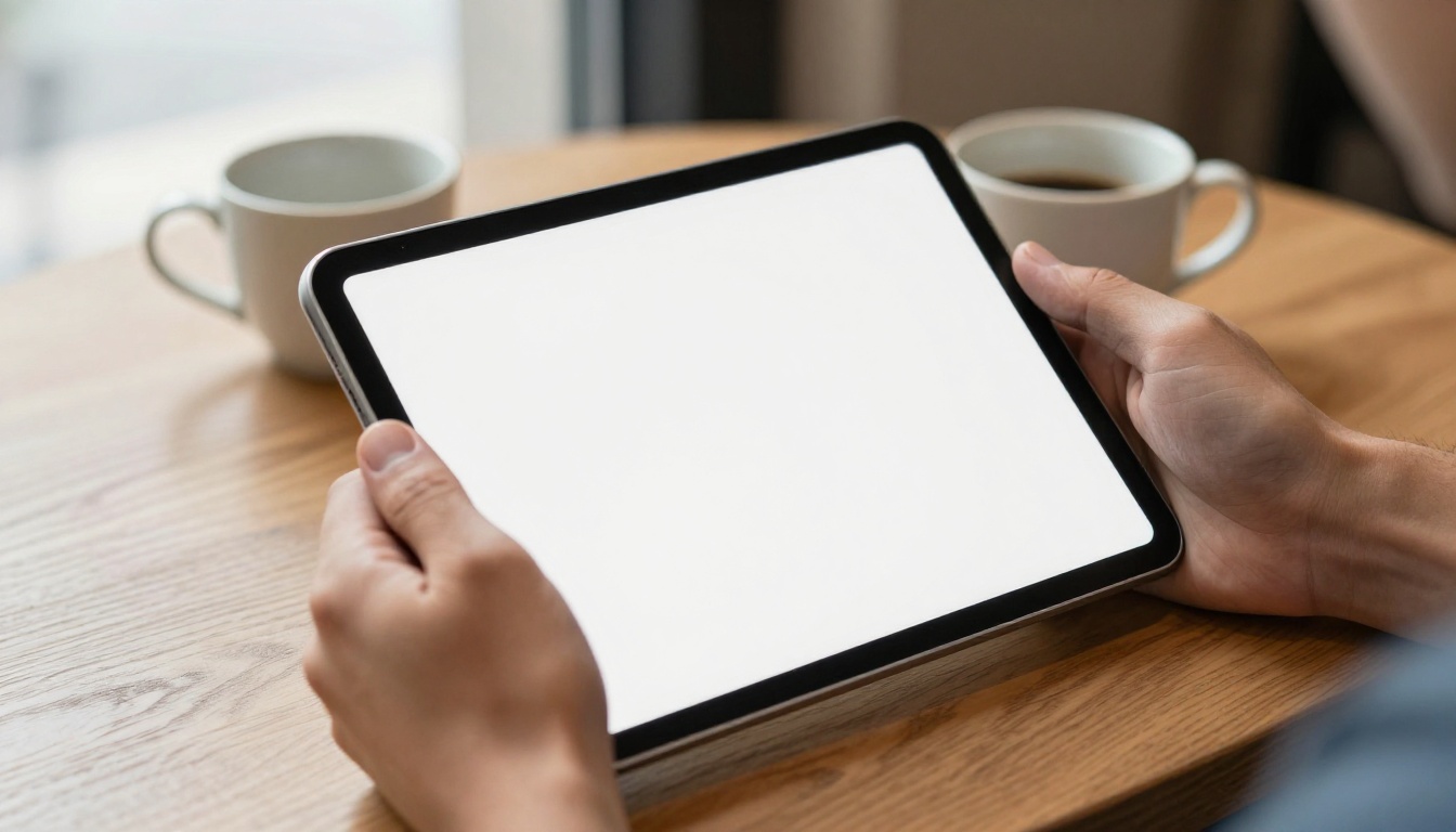 Hands holding a tablet showing a clean brochure with no clutter Hands holding a tablet showing a clean brochure with no clutter