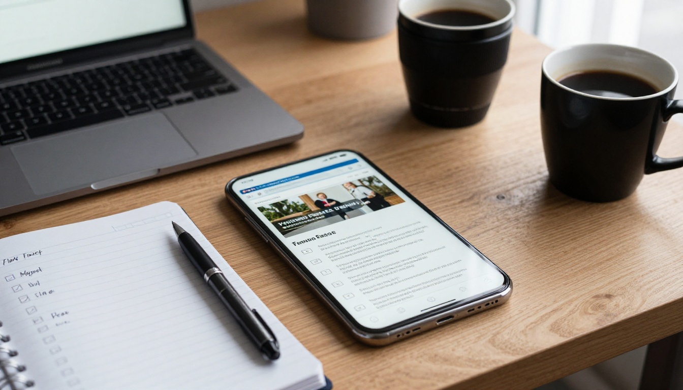 A desk with a laptop showing a page-turning newsletter beside a handwritten checklist A desk with a laptop showing a page-turning newsletter beside a handwritten checklist