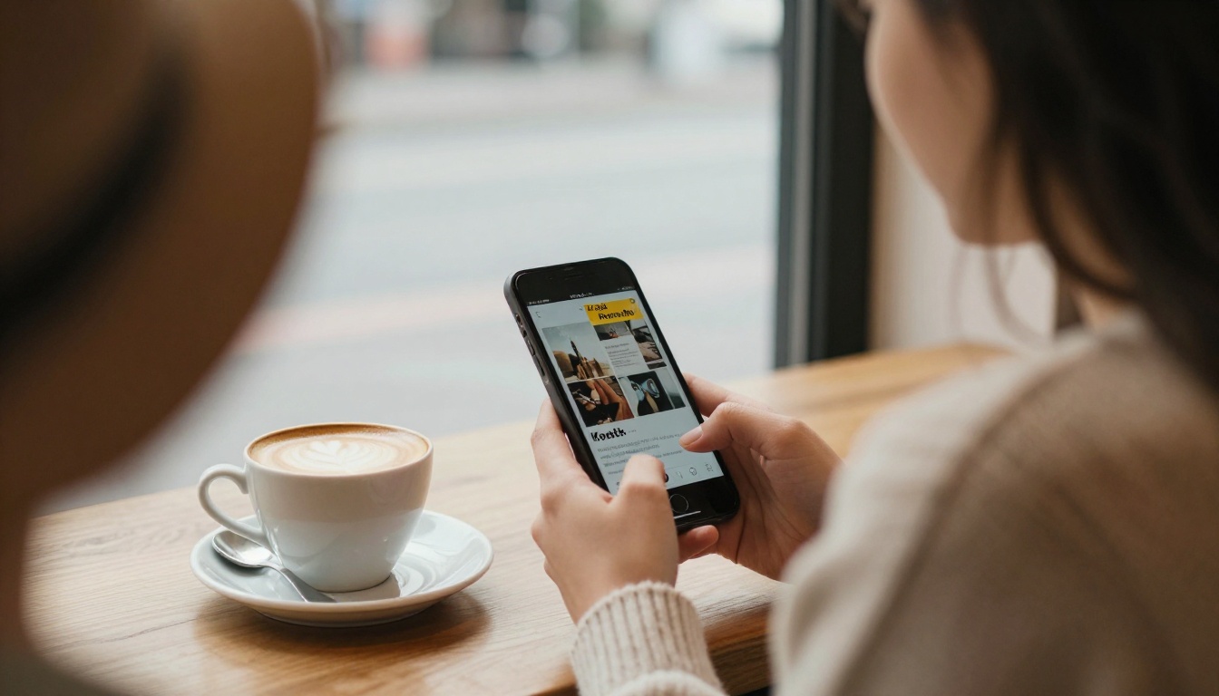 Woman reading a digital magazine on a smartphone in a cafe