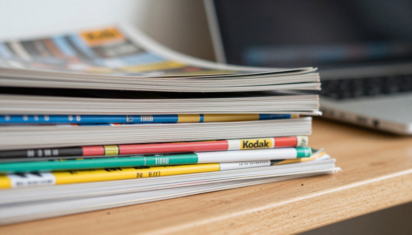 Stack of printed magazine back issues on a wooden shelf