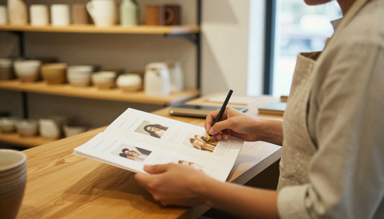 Boutique owner showing a printed catalog to a customer Boutique owner showing a printed catalog to a customer