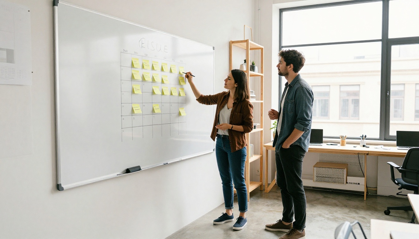 Two colleagues planning an issue calendar at a whiteboard