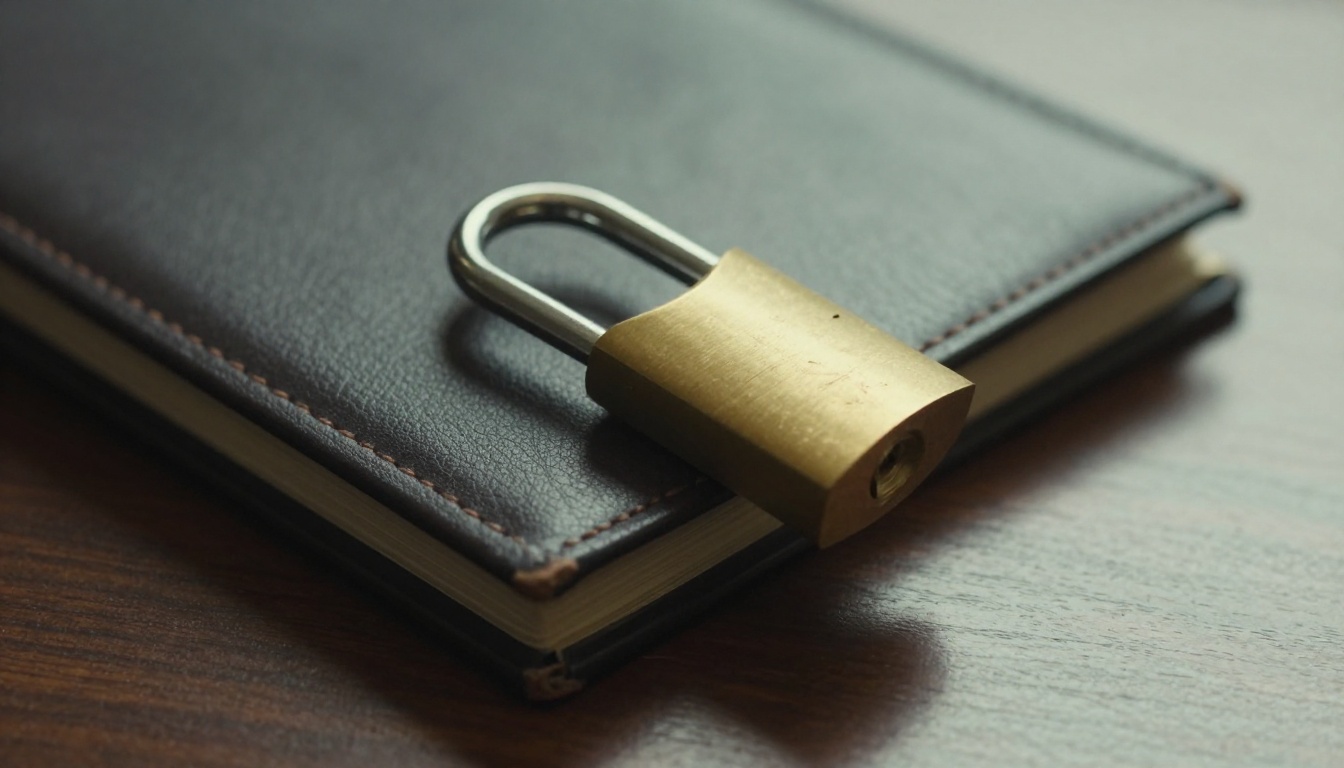 Brass padlock resting on a closed portfolio Brass padlock resting on a closed portfolio